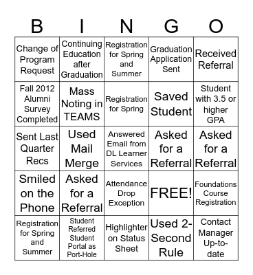 LSA BINGO Winter 2013 Bingo Card