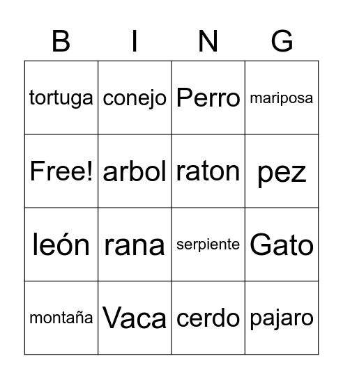 animales Bingo Card