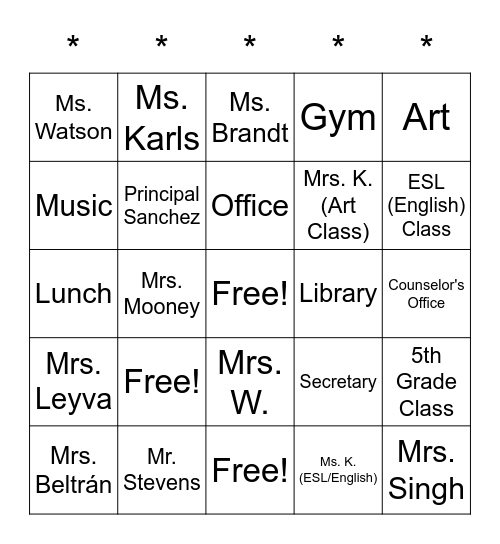 School Places & School Workers Bingo Card