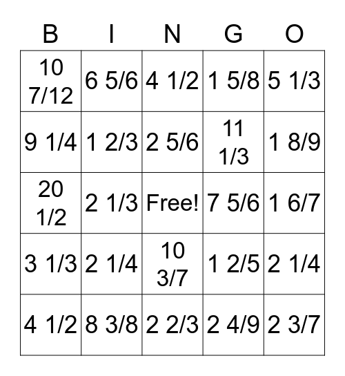 Valentine's Day Mixed Numbers Bingo Card