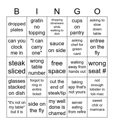 chef matt's server bingo Card