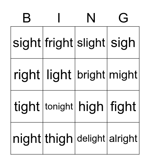 "igh, ight" words Bingo Card