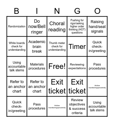 Procedures and Practice Bingo Card