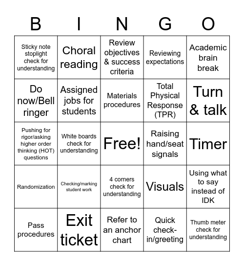 Procedures and Practice Bingo Card