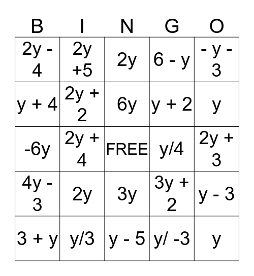 Algebraic Expressions Bingo Card