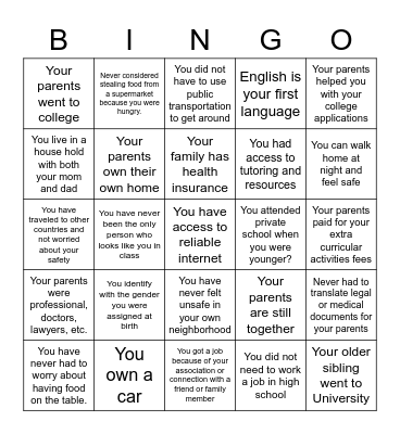 Privilege Bingo Card