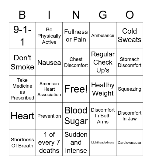 Heart Attack Warning Signs Bingo Card