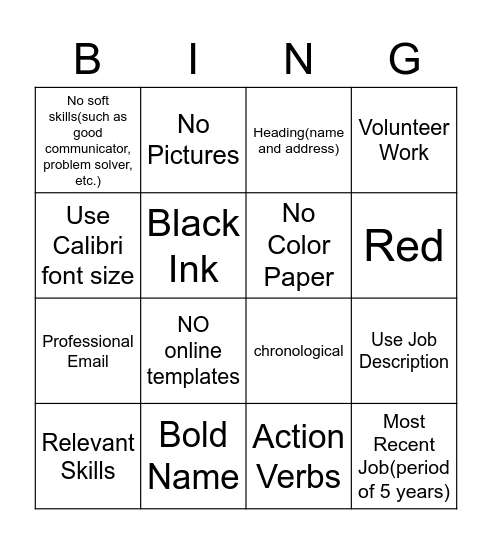 Resume Bingo Card