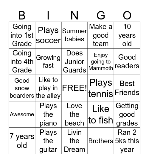 B and G Bingo Card