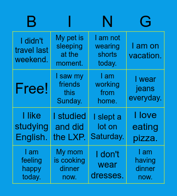 past simple, present simple, present continuous Bingo Card