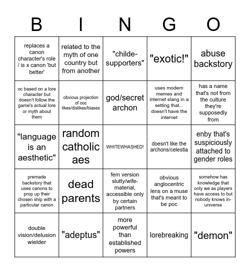 Jenshin OC Bingo Card