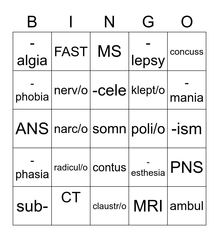 Nervous System Bingo Card