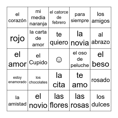 Día de Amor y Amistad Bingo Card