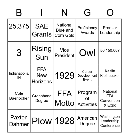 FFA Week Bingo Card