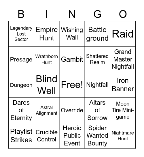 DESTINY 2 NOETIC GAMERS Bingo Card