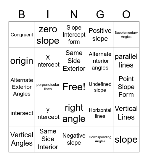 Two parallel lines cut by a Transversal Bingo Card