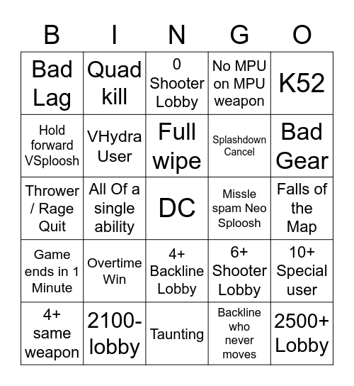 Splatoon 2 Ranked Bingo Card