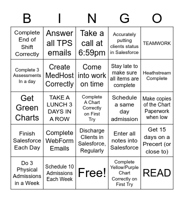Admissions Bingo Card