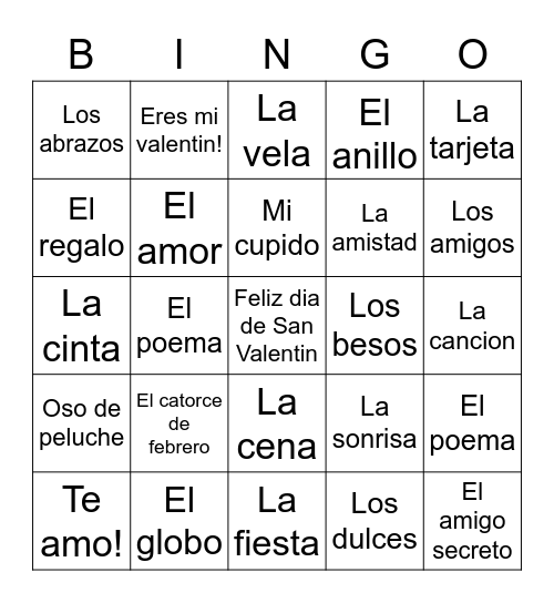 Feliz dia de San Valentin Bingo Card