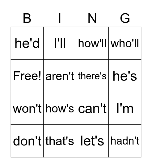 Contraction Bingo Card