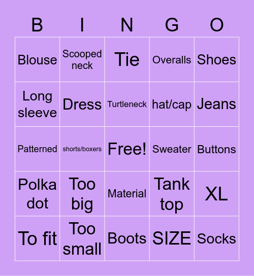 Clothing Vocab Bingo Card