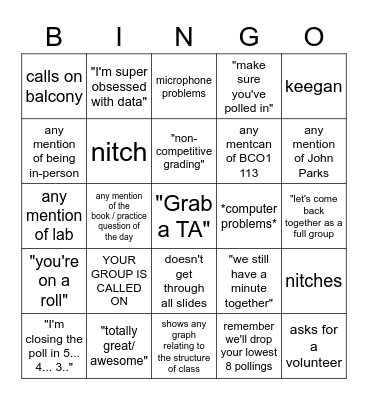 Biology 180 bingo card Bingo Card