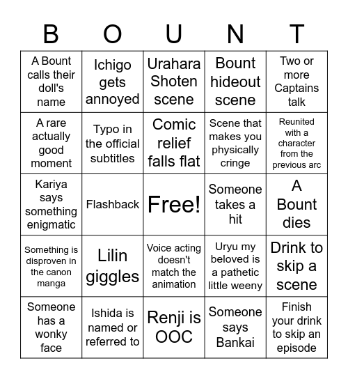 Bount Arc Drinking Game Bingo Card