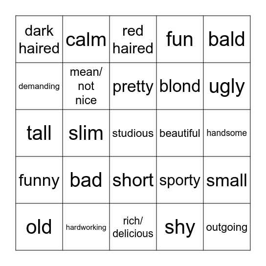 Sp 10 Adjectives Bingo Card