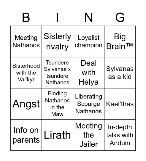Sylvanas novel Bingo Card