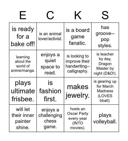 WE Days at Eckstein: Find someone who... Bingo Card