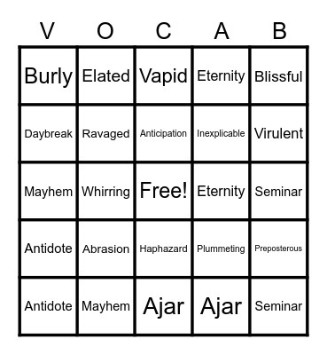 Vocabulary Bingo Card