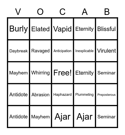 Vocabulary Bingo Card