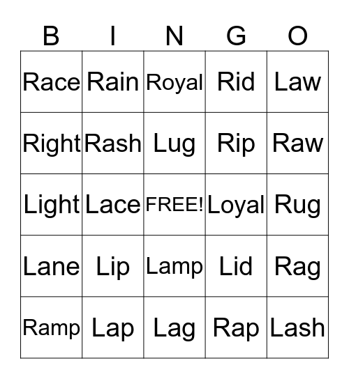 L and R  Bingo Card