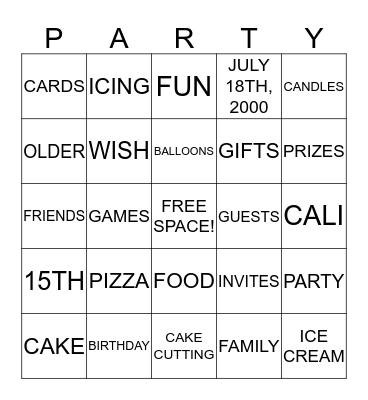 CALI'S 15TH BIRTHDAY BINGO Card