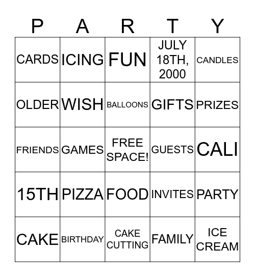 CALI'S 15TH BIRTHDAY BINGO Card