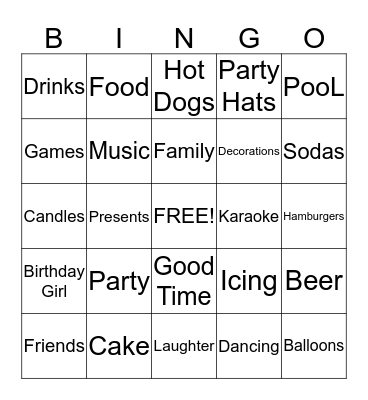 Patsy's Birthday Party Bingo Card
