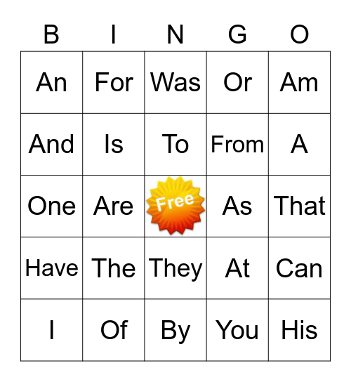 Sight Word Bingo Card