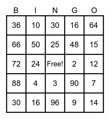 Multiplication Bingo Card