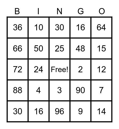 Multiplication Bingo Card