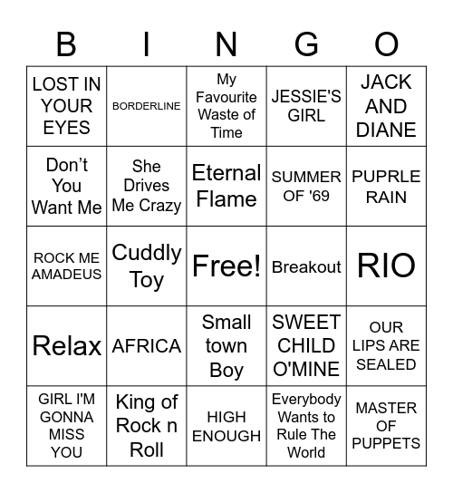1980's Bingo Card
