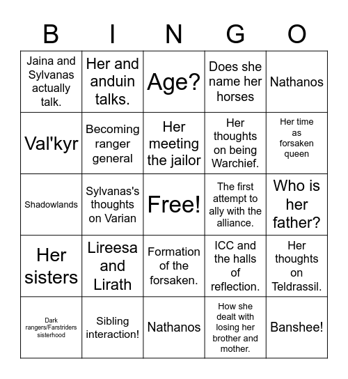 Sylvanas Novel Bingo Card