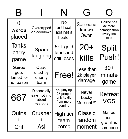 Smite Bingo Card