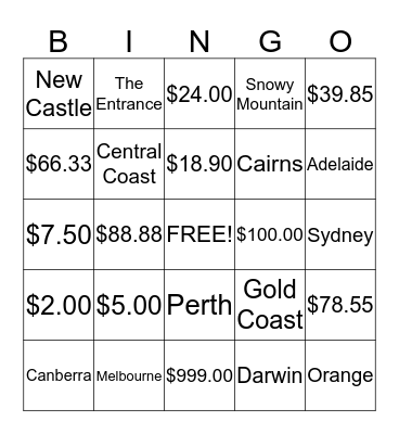 Money & Australia Bingo Card