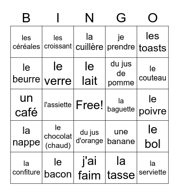 Grade 8 Food Bingo Card