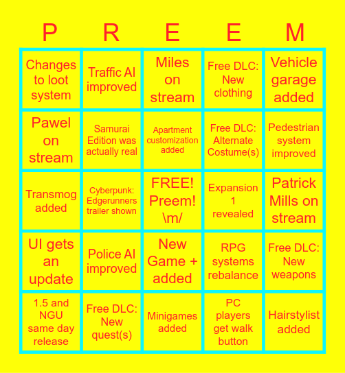 Cyberpunk 2077 2/15 Stream Bingo! Bingo Card