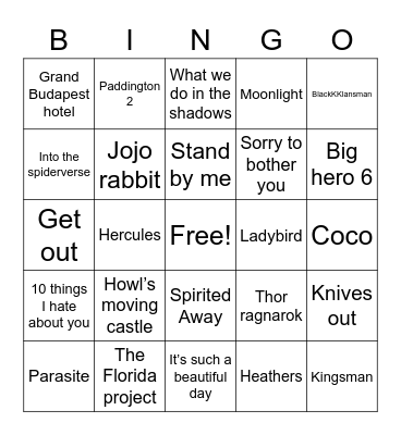 Favourite movies Bingo Card