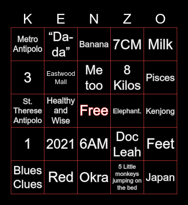 Kenzo’s 1st Birthday Bingo Card