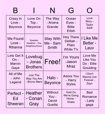 Love Song Bingo Card