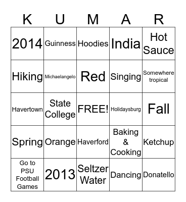 Cara & Kalyan Bingo Card