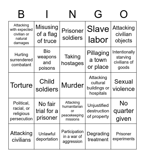 War Crimes Bingo Card